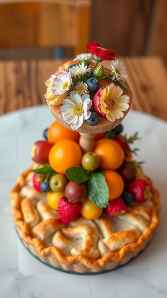 Two-tier pie crust centerpiece with fruits and flowers on a rustic table.